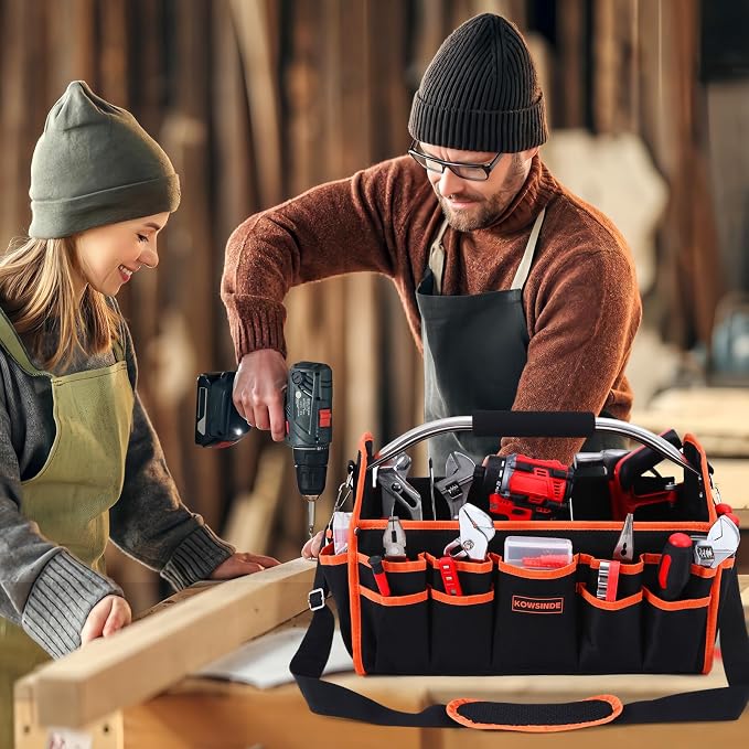 Kowsinde 16 Inch Tool Bag, Electrician Tool Bag, Open Top Tool Bags, 26 Pockets Can Hold Many Tools, Steel Handle and Removable Shoulder Strap