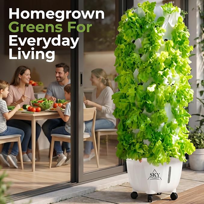 Sky Village Outdoor Hydroponic Growing System, 48 Plant Sites, 6-Tier | Garden for Vegetables, Herbs & Strawberries, Sunlight Powered, 65L Reservoir, Timer & Pump for Patio, Balcony & Backyard