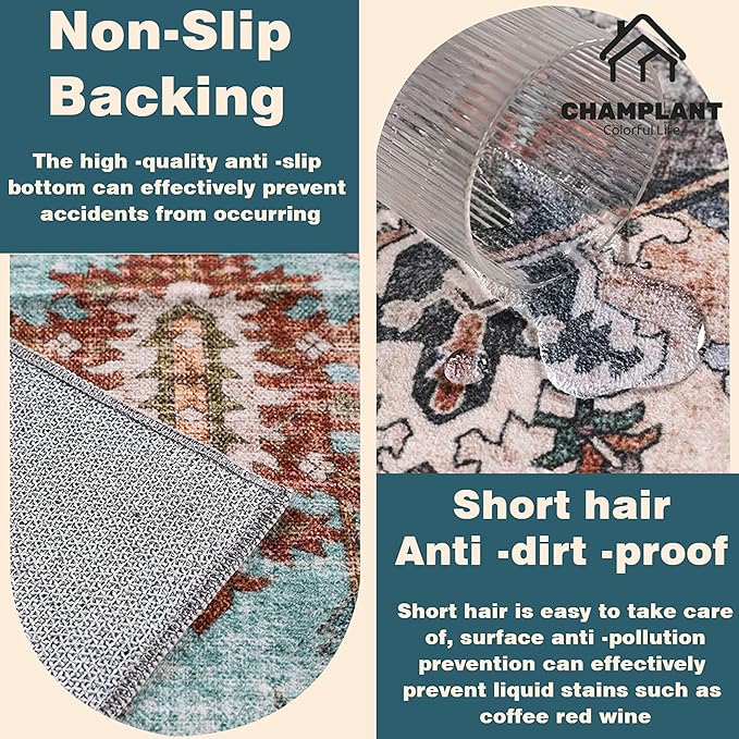 CHAMPLANT Area Rug 5'x7' Light Cyan and Light red Washable Rug Vintage Traditional Floor Cover Thin Retro Kitchen Indoor Distressed Non Slip Carpet for Living Room Bedroom Dining Room