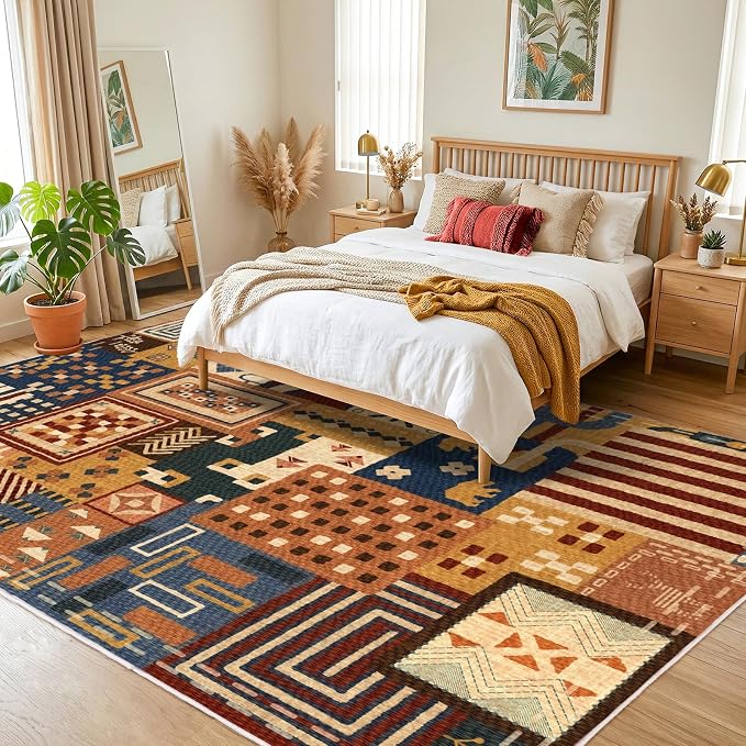 6x9 Area Rug for Living Room, Washable Navy Rust Animal Patchwork Design | Soft Faux Wool Low-Pile Rug with Non-Slip TPR Backing for Living Room, Bedroom, Dining Room and Home Office