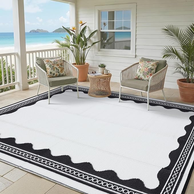 Garvee Outdoor Rug 8x10 Scalloped Waterproof Patio RV Outdoor Rugs Reversible Foldable Plastic Straw Rug Modern Camping Carpet for Deck Camper Porch Balcony Backyard Picnic Beach Black and White