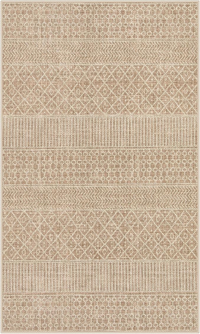 Lahome Farmhouse Washable 3x5 Entryway Rug, Non-Slip, Beige/Brown | Boho Textured Neutral, Low-Pile, Geometric Pattern, Modern, Moroccan, Entryway Hallway Runner Kitchen Bathroom Laundry Room