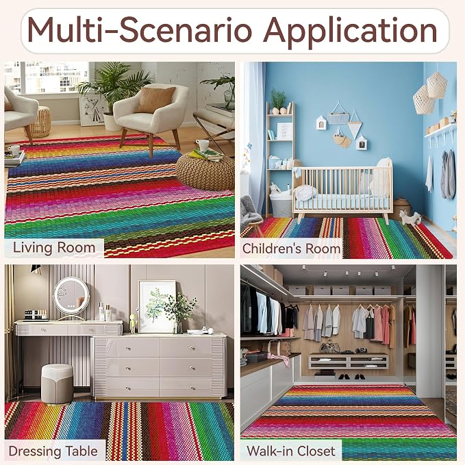 Mexican Ethnic Rug for Living Room 5x7,Boho Rainbow Stripes Machine Washable Area Rug Soft Stain Resistant Floor Large Carpet for Bedroom,Farmhouse,Dining Room,Kids Playroom