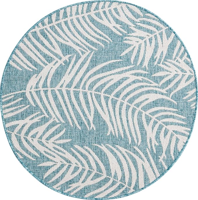 Unique Loom Outdoor Botanical Collection Area Rug - Palm (4' 1" Round, Light Aqua/ Ivory)
