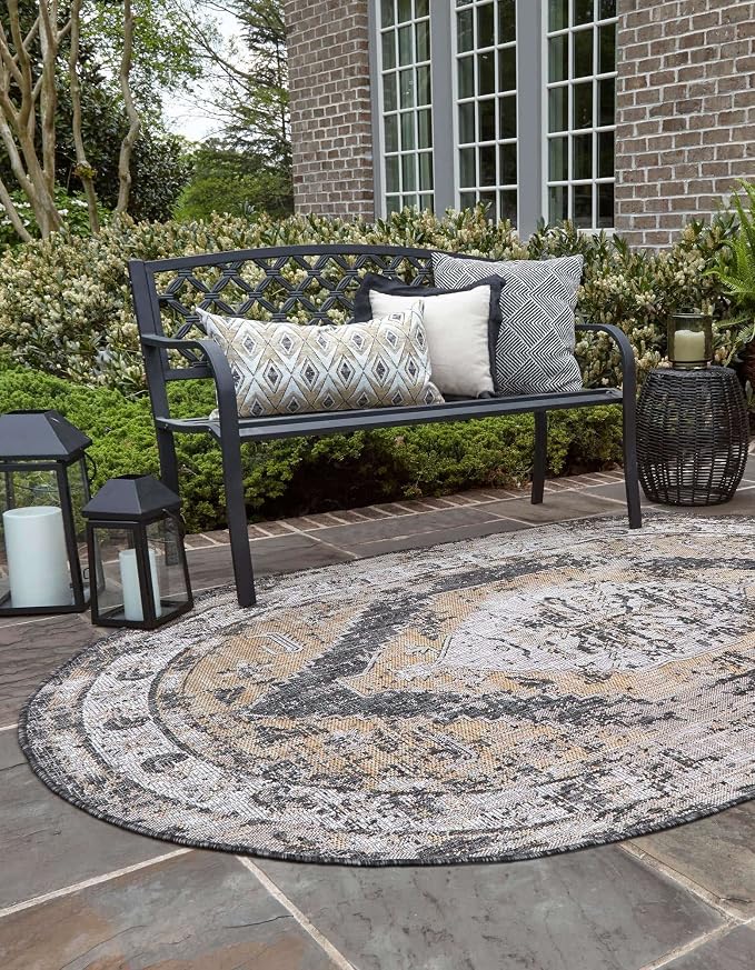 Unique Loom Outdoor Traditional Collection Area Rug - Valeria (3' 3" x 5' 3" Oval, Charcoal/ Natural)