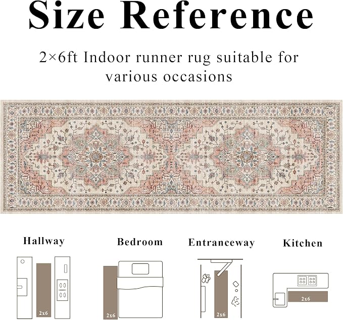 2x6 Vintage Runner Rug Low Pile Non-Slip Washable Kitchen Rug | Retro Distressed Print Rug Non-Shedding Beige Pink Carpet Stain Resistant Long Rug for Hallway Kitchen Bedroom Laundry Room