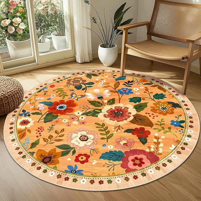 RELEANY Floral Washable Round 6ft Area Rug Orange/Yellow/Red | Flower Carpet, Print, Boho, Non-Slip, Easy to Clean, Soft, Low Pile for Living Room Bedroom Kitchen Office Entryway Hallway