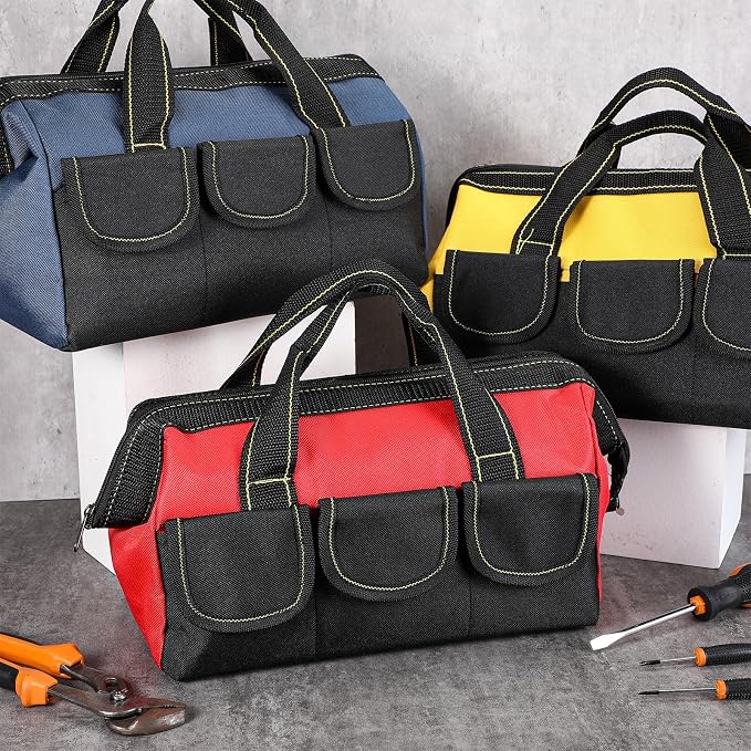 Sanwuta 3 Pack Tool Bag for Men with Waterproof Hard Bottom, Heavy Duty Tool Bag Wide Mouth Tote for Various Instrument, Electrician Carpenter Mechanic(Red,13 Inch,Classic)