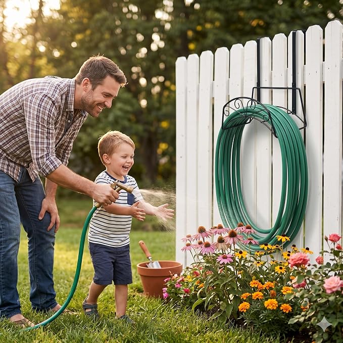 Garden Hose Holder, Water Hose Holder,Sturdy Hose Reel Holds, Metal Water Hose Stand for Outside -Wall Mount Or Hanger (Black)