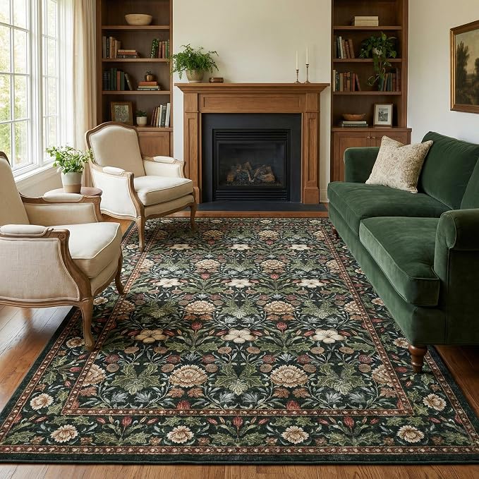 GarveeHome Green Washable Area Rug 5x7, Retro Floral Low Pile Non Slip Living Room Rug Soft Cottage Core Rug Farmhouse Indoor Carpet for Bedroom Dining Room Playroom