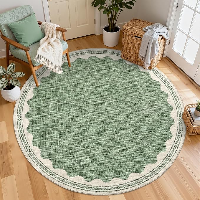 GarveeHome Scalloped Sage Green 6ft Round Rug Washable Non-Slip Soft Ultra-Thin Small Circle Modern Cottage Core Solid Carpet for Entryway Kitchen Bedroom Nursery Dining Room