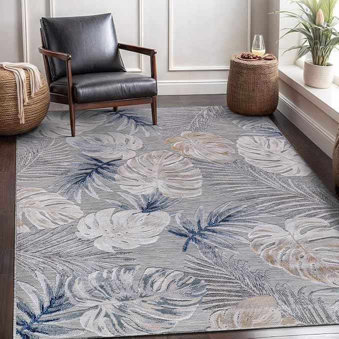 CAMILSON Indoor Outdoor Rug, Blue 5x7 Leaf Tropical Botanical Area Rugs for Indoor and Outdoor patios, Easy-Cleaning Non-Shedding Living Room, Garden and Kitchen Washable Outside Carpet (5 x 7)
