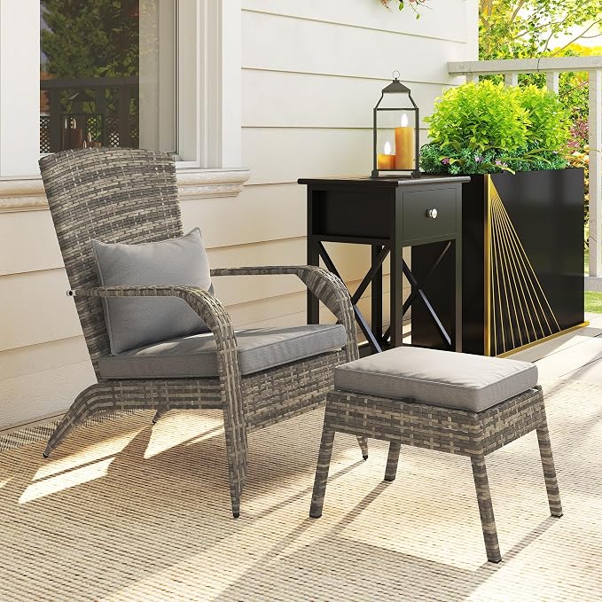Outsunny Patio Wicker Adirondack Chair with Ottoman, Outdoor Fire Pit Chair with Cushions, High-Back, Large Seat & Armrests for Deck, Garden & Backyard, Gray