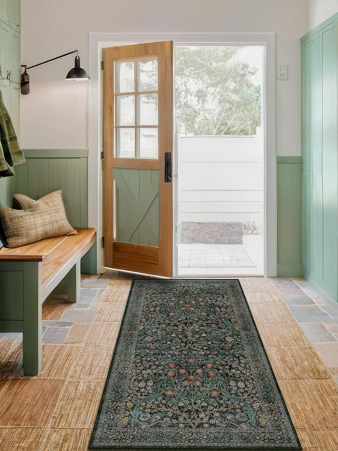 Dark Green Washable 3x6 Runner Rug for Entryway, Low Pile Non-Slip Indoor Floor Area Rugs for Kitchen, Bedroom Bedside, Bathroom, Stain & Fade Resistant, Vintage Floral Design
