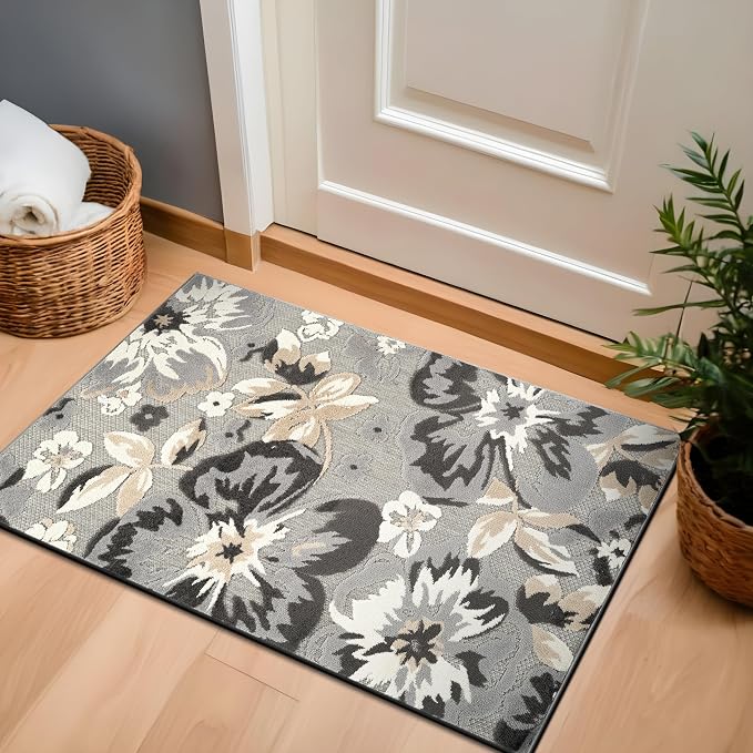 Rugshop Bergamo Contemporary Floral Non-Shedding Easy Cleaning Patio Deck Backyard Indoor/Outdoor Area Rug 2' X 3' Gray