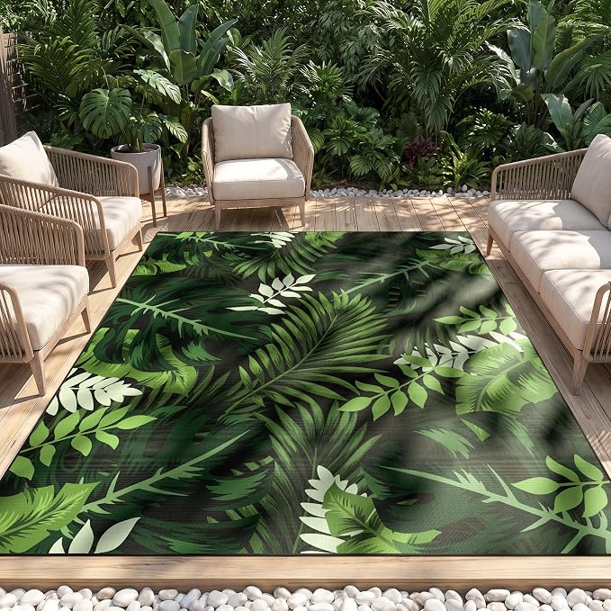 Arenarug 4x6 Monstera Tropical Outdoor Rug – Waterproof Non-Slip Machine Washable Patio Rug, UV & Stain Resistant Outdoor Carpet for Patio Deck Balcony Backyard, Dark Green
