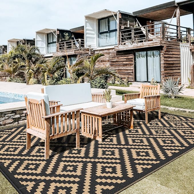 GENIMO Outdoor Rug for Patio Clearance, 10'x14' Waterproof Large Camping Mat, Reversible Plastic Straw Rugs for RV, Camper, Balcony, Backyard, Picnic, Deck (Black & Brown)