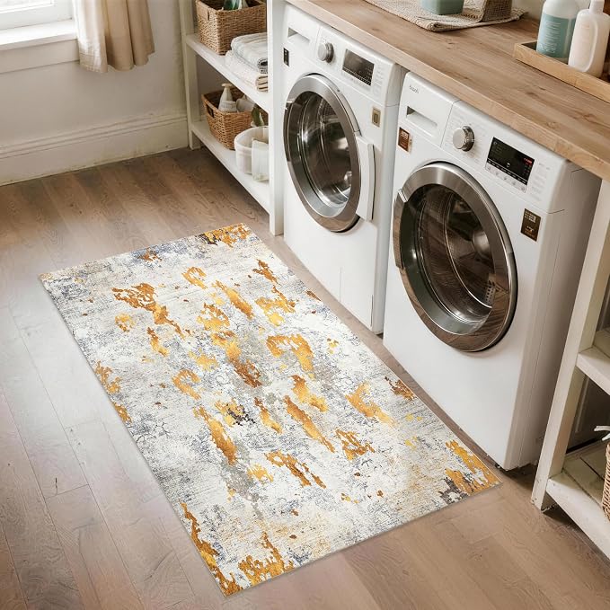 Washable Area Rug 3x5: Modern Small Rugs and Mats for Entryway Kitchen Bathroom Bedroom Indoor - Non-Slip Stain Resistant Thin Low Pile - Orange Gold Grey