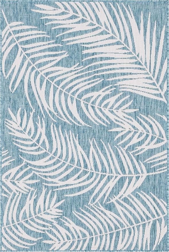 Unique Loom Outdoor Botanical Collection Area Rug - Palm (4' 1" x 6' 1" Rectangle, Light Aqua/ Ivory)