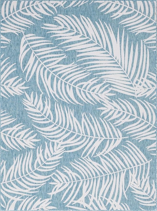 Unique Loom Outdoor Botanical Collection Area Rug - Palm (9' x 12' Rectangle, Light Aqua/ Ivory)