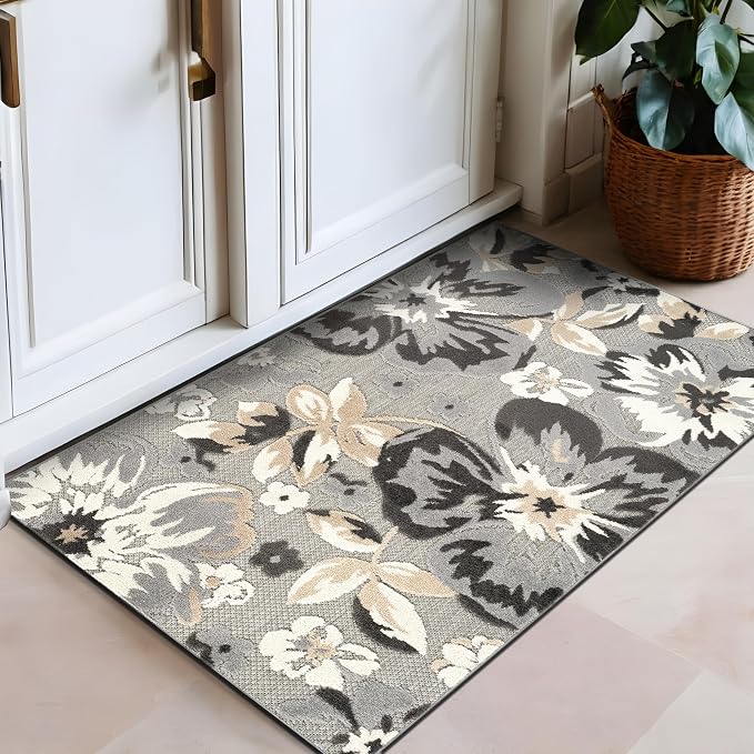Rugshop Bergamo Contemporary Floral Non-Shedding Easy Cleaning Patio Deck Backyard Indoor/Outdoor Area Rug 2' 7" X 4' Gray