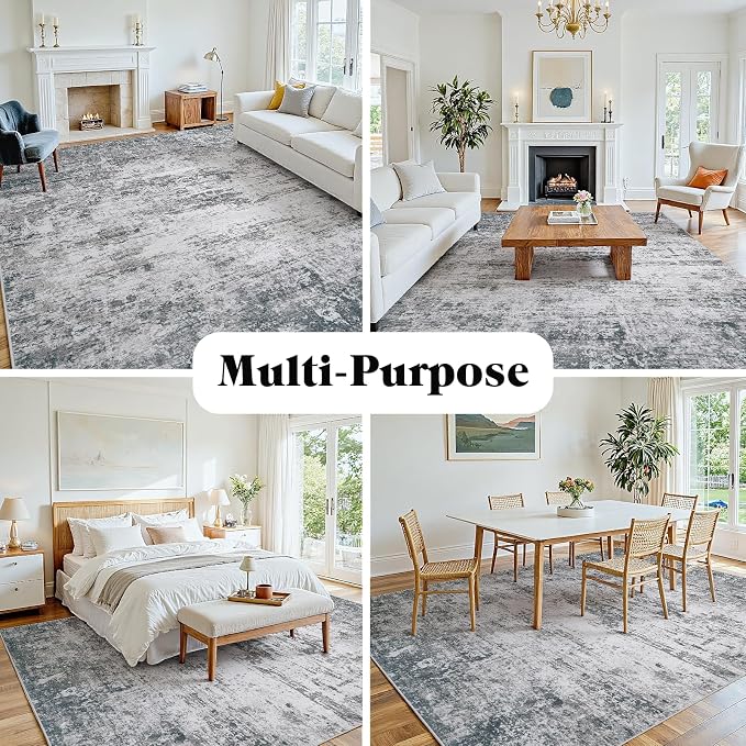 5x7 Area Rugs for Living Room: Washable Soft Gray White Abstract Carpet | Non-Slip TPE & Stain Resistant,0.25" Low-Pile,Kids Pet Friendly Modern Decor for Dining Room Farmhouse Office, Non-Shedding