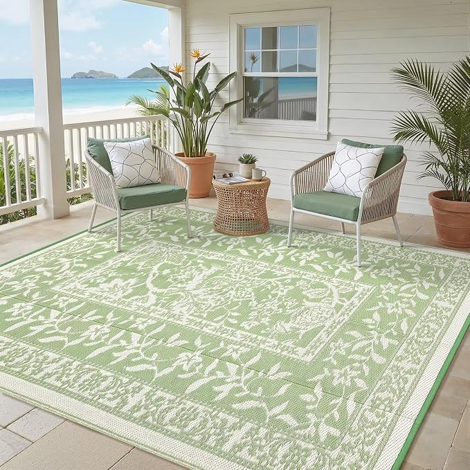 Garvee Outdoor Rug 9x12, Waterproof Reversible Foldable Plastic Straw Rug, Botanical Cottagecore Outdoor Rugs Patio Camping RV Carpet for Deck Camper Porch Balcony Picnic Beach Gray Sage Green