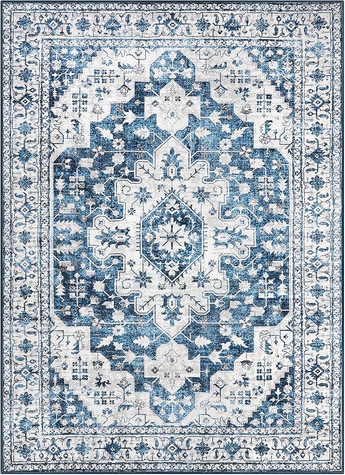 Moynesa Ultra-Thin Vintage 8x10 Area Rugs - Blue Bedroom Rugs for Living Room Non-Slip Stain Resistant, Printed Oriental Playroom Mat Indoor Floor Carpet for Dining Table Office Decor