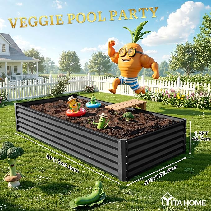 YITAHOME 8x4x1.5ft Galvanized Raised Garden Bed, Metal Planter Box with Safety Rubber, Gloves, Outdoor Flower Bed for Planting Plants Vegetables, Black