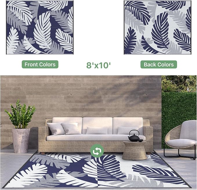 GENIMO Waterproof Outdoor Rug 8' x 10' for Patio Decor, Reversible Plastic Straw Area Rugs for Camping Clearance, RV Mat, Large Outside Carpet for Porch, Deck, Picni, Balcony, Garden, Blue & White