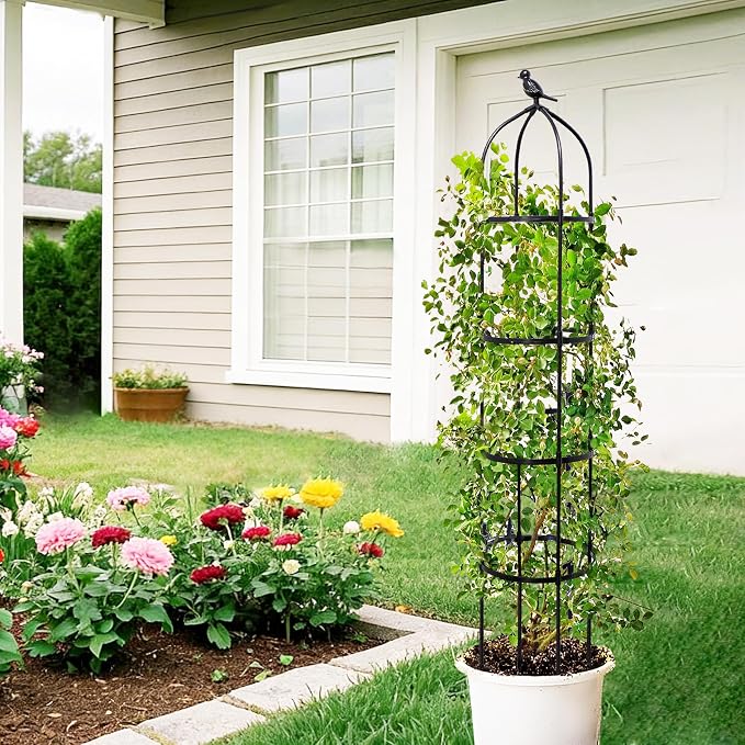 4-Pack 6FT Garden Obelisk Trellis for Climbing Plants,Adjustable 4-Tier Metal Plant Support,Rustproof Outdoor Plant Tower with 3 Decorative Tops for Roses,Tomatoes,Clematis & Vines,Black