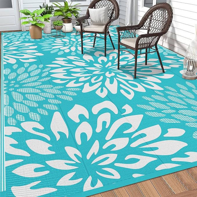 HEBE Waterproof Outdoor Rug 6x9 for Patios, Floral Reversible Plastic Straw Rug Patio Mat, Indoor Outdoor Carpet RV Mat Camping Rug for Deck, Camper, Porch, Balcony, Backyard, Picnic