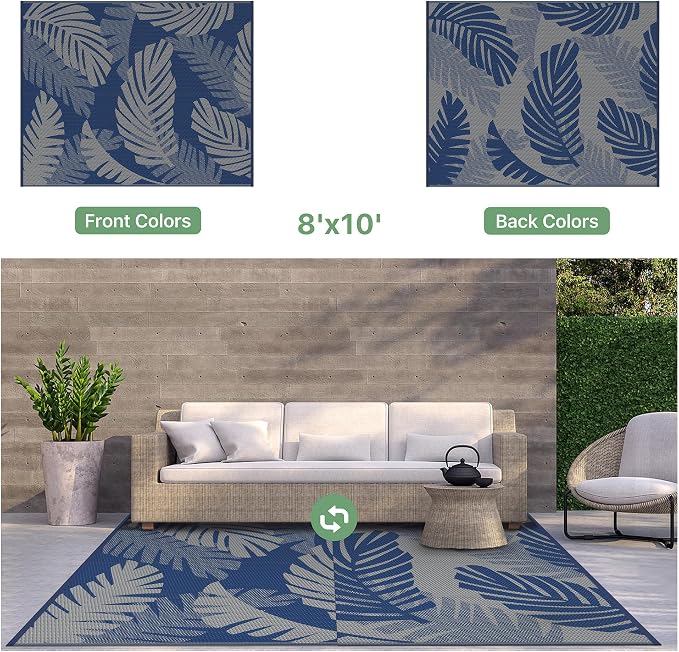 GENIMO Waterproof Outdoor Rug 8' x 10' for Patio Decor, Reversible Plastic Straw Area Rugs for Camping Clearance, RV Mat, Large Outside Carpet for Porch, Deck, Picni, Balcony, Garden, Blue & Grey
