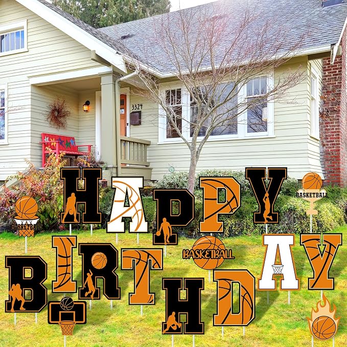 Menkxi 18 Pcs Happy Birthday Yard Signs with Stakes Decorations Themed Party Decorations Ball Birthday Outdoor Lawn Signs for Outdoor Sport Party Supplies(Basketball)