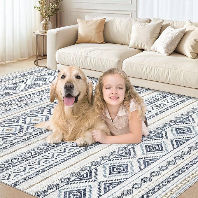 cotiled Boho 7x10 Area Rug for Living Room: Large Moroccan Washable Rug | Solve Modern Neutral Trendy Home Decor - Stain Resistan Indoor Carpet for Bedroom Farmhouse Dining Room Blue