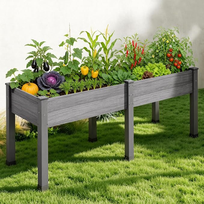 AMERLIFE Raised Garden Bed, 72x24x30 Inches Elevated Wood Planter Box with Bed Liner, Legs, Divider, Drainage Holes, Stand for Backyard, Patio, 350 Lb Capacity - Grey