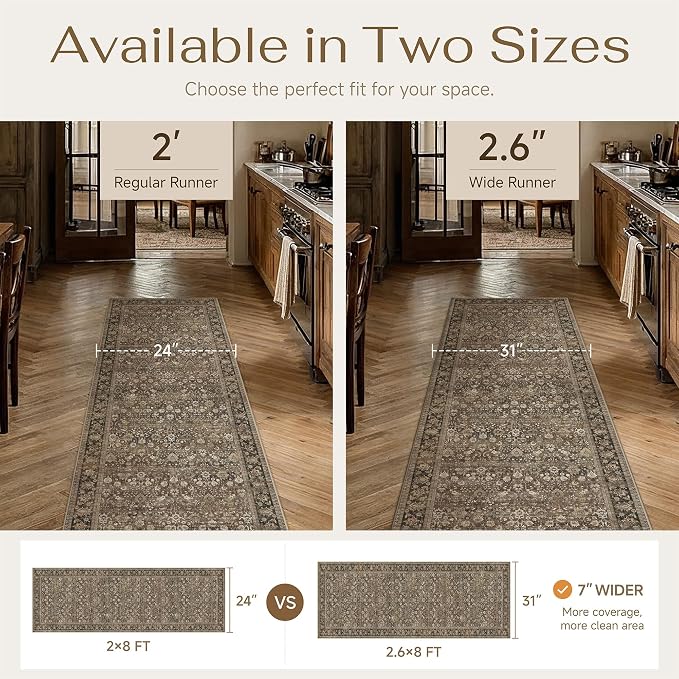 HUGEAR 2'6''x8 Runner Rug Machine Washable Brown Hallway Area Rug Indoor Accent Rugs Floral Low Pile Carpet Soft Throw Rugs Bedroom Living Room Office Dining Kitchen Laundry Non Slip