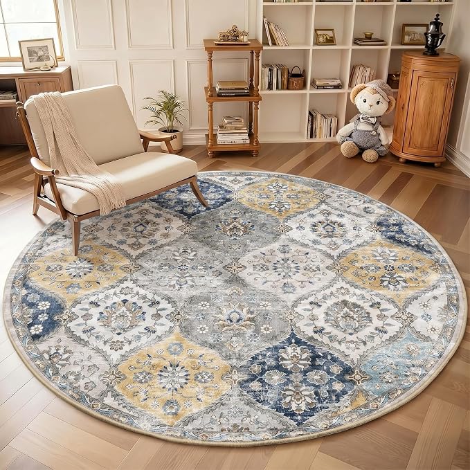 ROYHOME Washable Round Rug 4ft Moroccan Trellis Washable Area Rug | Stain Resistant Non-Slip Circle Rug Vintage Distressed Round Throw Carpet for Living Room Bedroom Kids Room, Blue/Yellow