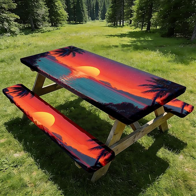 NYZE 3 Pieces Beach Sunset Picnic Table Cover with Bench Covers Set, Elastic Edge Camping Tablecloth, Tablecloth Cover with Drawstring Bag, Camping Essentials for Outdoor Picnics, Patio, BBQ