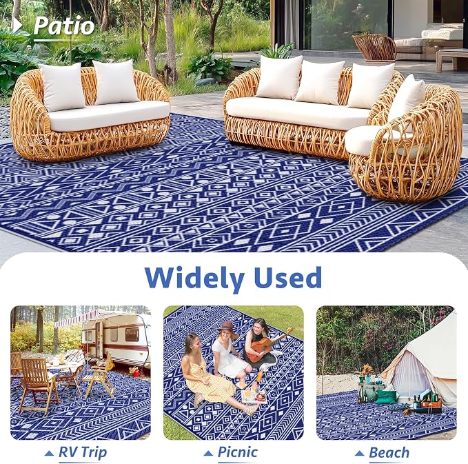 StepLively Outdoor Rug 8x10 ft, Reversible Waterproof Outdoor Plastic Straw Rug, Patio Rug Waterproof, Outdoor Large Area Rug for RV, Camping, Garden, Porch, All-Weather & Easy to Clean(Blue)