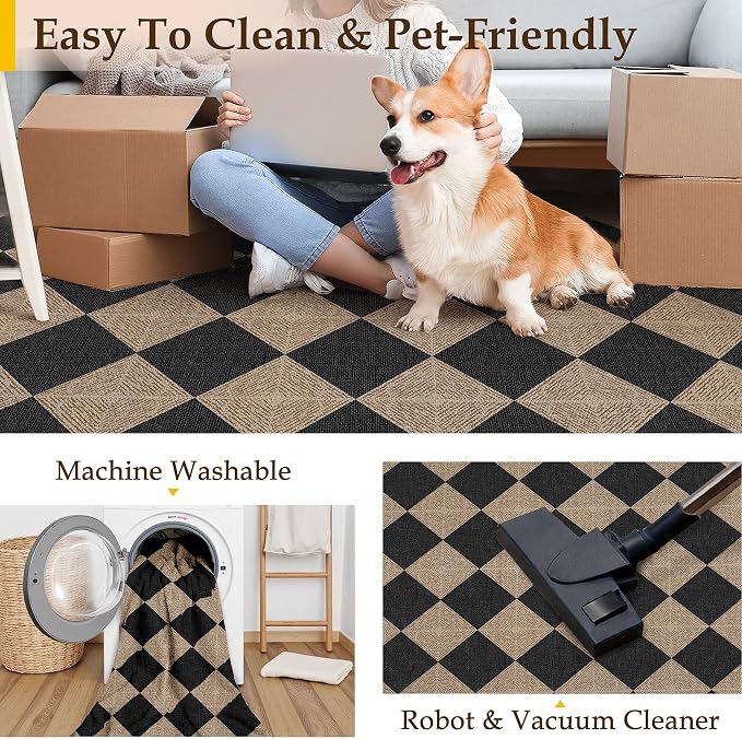 PureCozy 8x10 Checkered Easy Jute Area Rug for Living Room Large Checkerboard Washable Indoor Outdoor Carpet Farmhouse Patio Office Mat Textured Diamond Non Slip Black Carpet for Backyard Dining Room