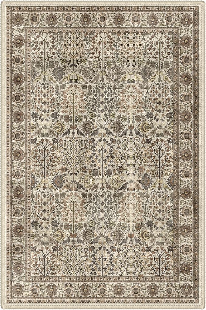 2x3 Washable Rug, Non Slip Entryway Mat, Dark Espresso | Vintage Floral Design, Spill Resistant Lightweight Low Pile Carpet for Kitchen, Hallway, Front Door, Bathroom