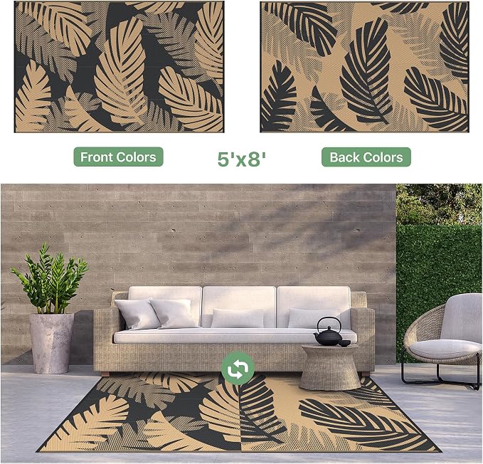 GENIMO Waterproof Outdoor Rug 5' x 8' for Patio Decor, Reversible Plastic Straw Area Rugs for Camping Clearance, RV Mat, Large Outside Carpet for Porch, Deck, Picni, Balcony, Garden, Black & Brown