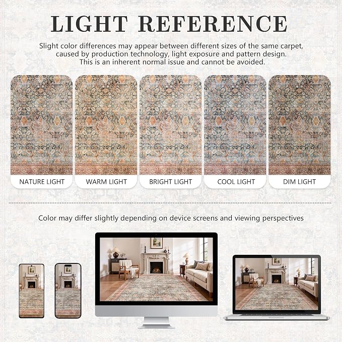 6x9 Area Rugs - Washable Vintage Retro Living Room Rug, Soft Ultra Thin Non Slip Low Pile Traditional Distressed Boho Carpet for Bedroom Dining Room Nursery Home Office, Rust Clay