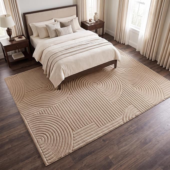 Brown Geometric 9x12 Solid Area Rug, Washable Living Room Rug | Ultra Soft Boho Pattern Minimalist Non-Slip Carpet, 9'x12' Rugs for Bedroom, Kids Room, Nursery, Apartment, Home Office