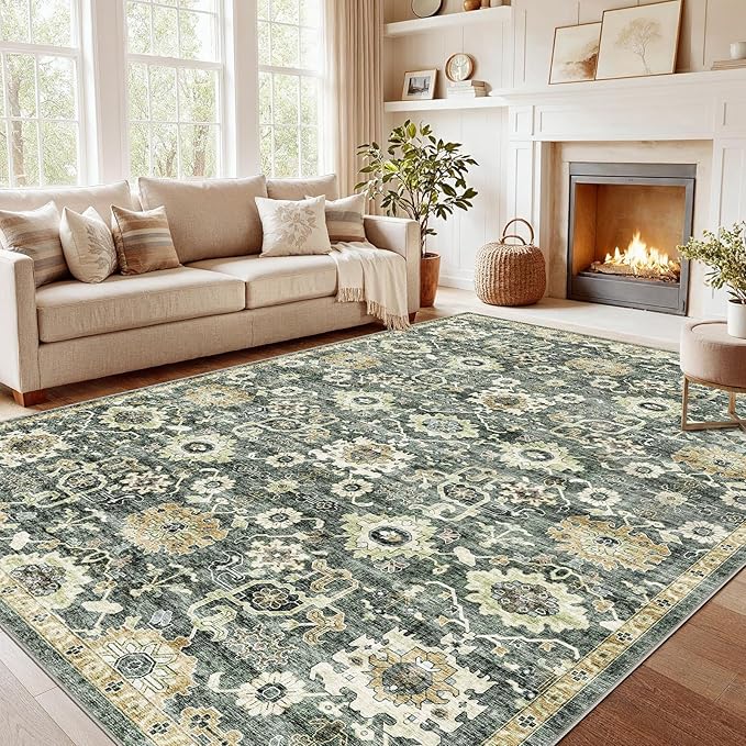 AMADA HOMEFURNISHING 10x14 Washable Area Rug, Low-Profile Large Area Rug with Non-Slip Backing & Durable Edge Binding, Vintage Large Rugs for Living Room, Bedroom & Dining Room