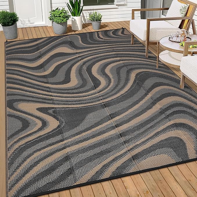 Garvee 8x10 Outdoor Rug, Waterproof Camping Rugs for Outside Your RV, Abstract Plastic Straw Rug with Portable Bag, Reversible UV Resistant Mats for Picnic Backyard Porch Camper, Black Coffee