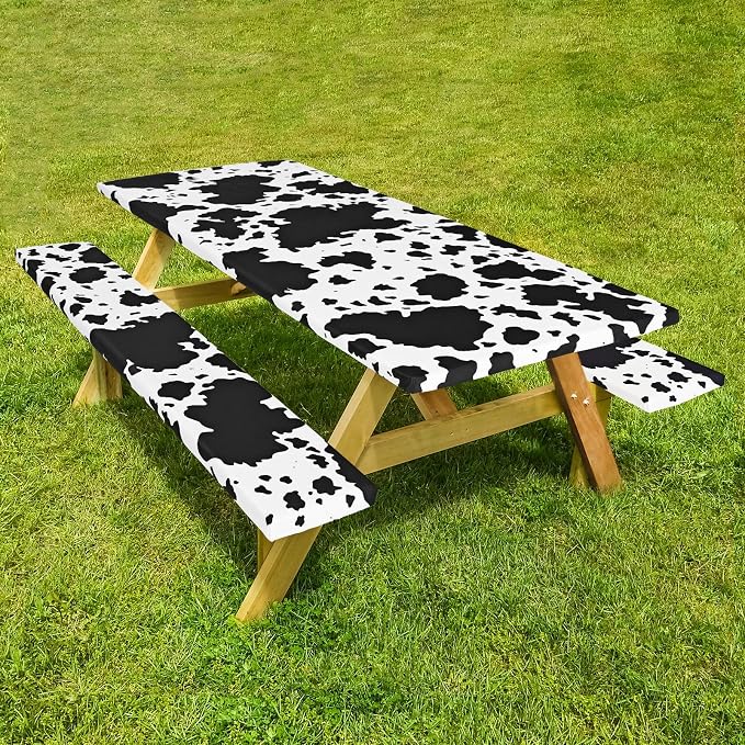 Picnic Table Cover with Bench Covers Camping Essentials Reusable Waterproof Windproof Camping Tablecloth Fitted Rectangle Tables and Seats, 72in, Black Cow Print