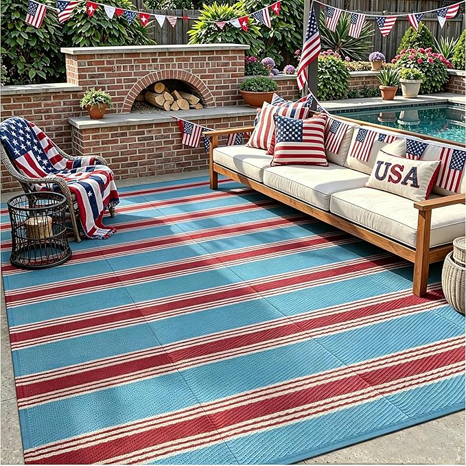 Lahome Striped Waterproof Outdoor Rug 8x10 Patio, Reversible Patriotic Outdoor Camping Rug Plastic Straw, RV Patio Rugs Carpet for Patriotic Decor Porch Deck Backyard(Blue/Red,8'x 10')