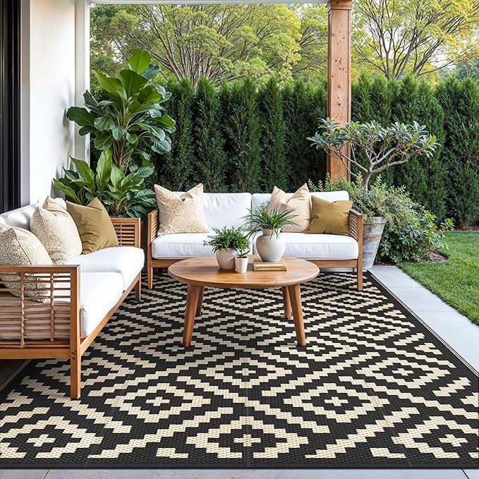 GENIMO 5'x8' Outdoor Rug Waterproof, Reversible Mats, Area Rug, Plastic Outside Carpet, Geometric Rv Mat for Patio Camping Rv Picnic Backyard Deck Balcony Porch Beach Trailer (Black & Beige)